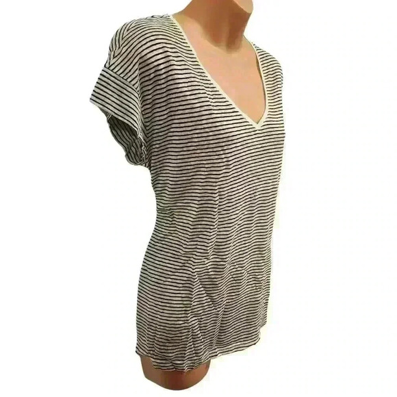 MANGO MNG Women's Striped Linen V-Neck Short Sleeve Tee T-Shirt NWT NEW - Picture 6 of 13